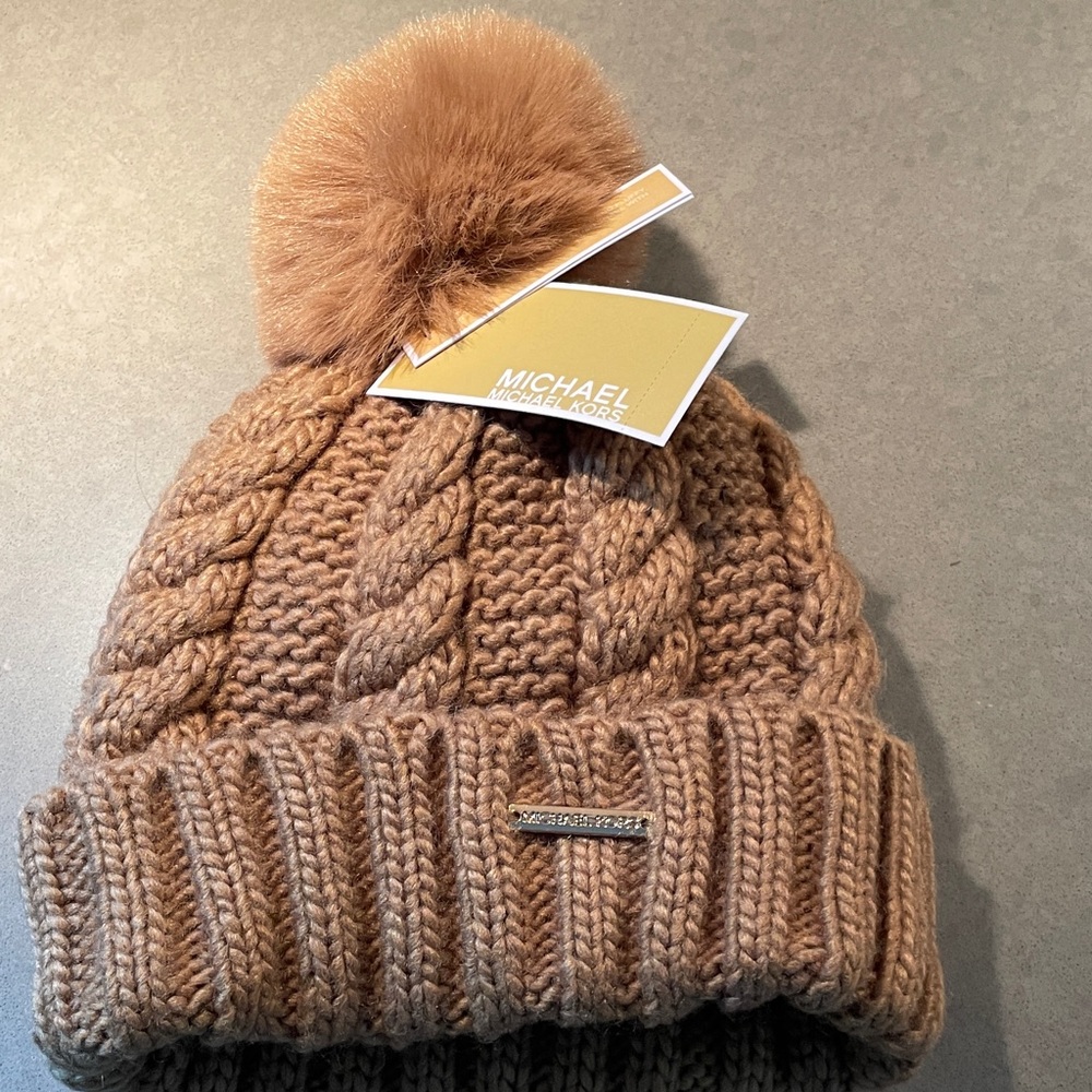 Michael Kors Brown Knit Beanie with Pom